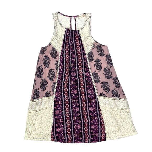 Altar’d State Swing Patchwork Lace Mini Dress S Purple Ivory Paisley Boho Beachy - Picture 1 of 13
